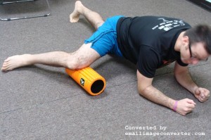 Slowly massage out to the knee seeking out the most painful spots - Foam roller at inner thigh