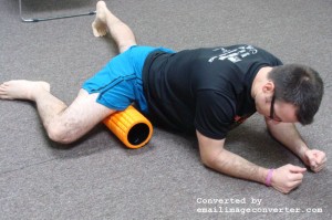 Place foam roller lengthwise to your body. Bend your knee to 90 degrees with your inner thigh on the foam roller. For plantar fasciitis treatment.