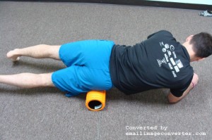 With foam roller on front of hip, massage from the hip bone to the top of the thigh. Slowly rotate your opposite hip up towards the ceiling.