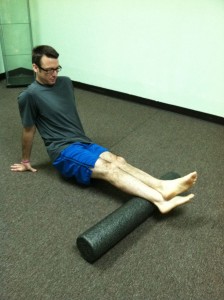 Place foam roller beneath calves. Slowly roll from the ankles to the knees. For plantar fasciitis treatment.